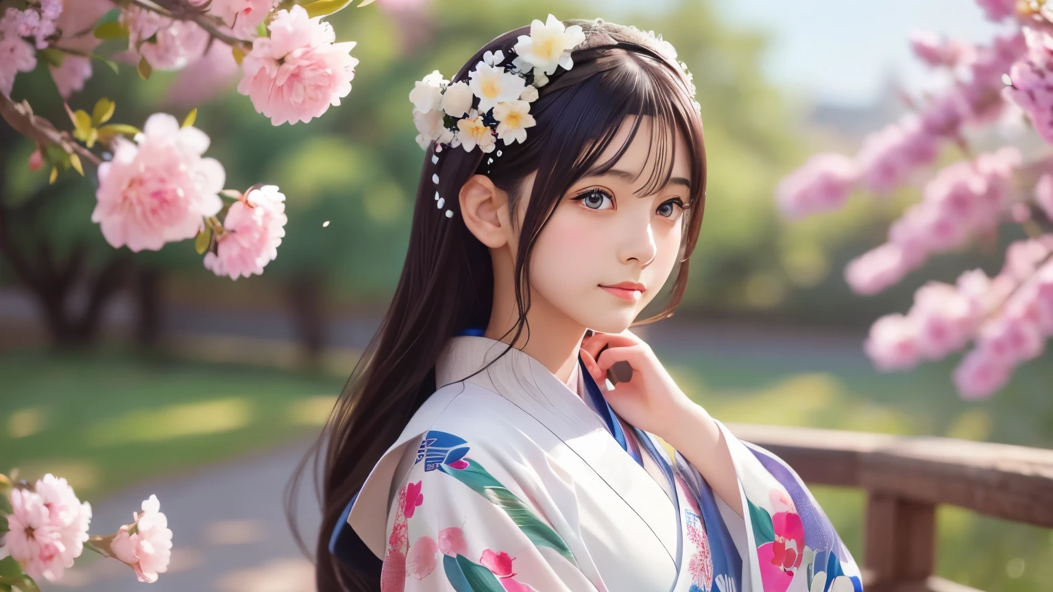 Arabian woman in kimono with flowers on her head, Beautiful digital artwork, Beautiful digital illustrations, Beautiful digital painting, Gorgeous digital painting, Gweiz-style artwork, Photorealistic anime girl rendering, Smooth anime CG art, Beautiful digital art, Amazing digital art with great detail, Amazing digital illustrations, Detailed digital anime art, April Rendering, Beautiful anime portraits