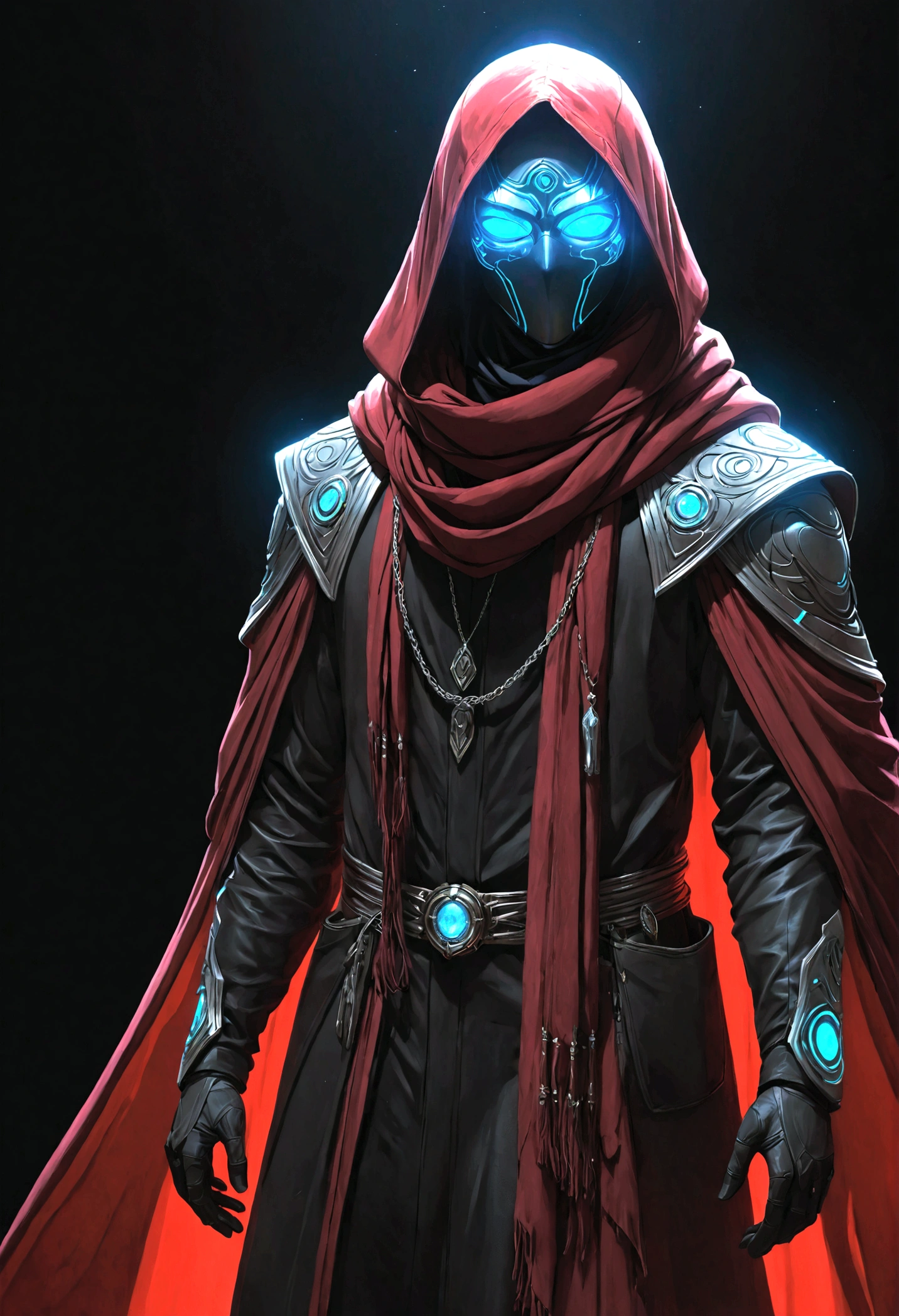 realistic,shining,reflective,bioluminescence, Galactic Cybernetic Mask,Mecca,(assassin:1.2),((((scarf,Long cloak)))),SH4G0D,shining룬_Red,whole body,cinematic,dark background,backlight,high contrast