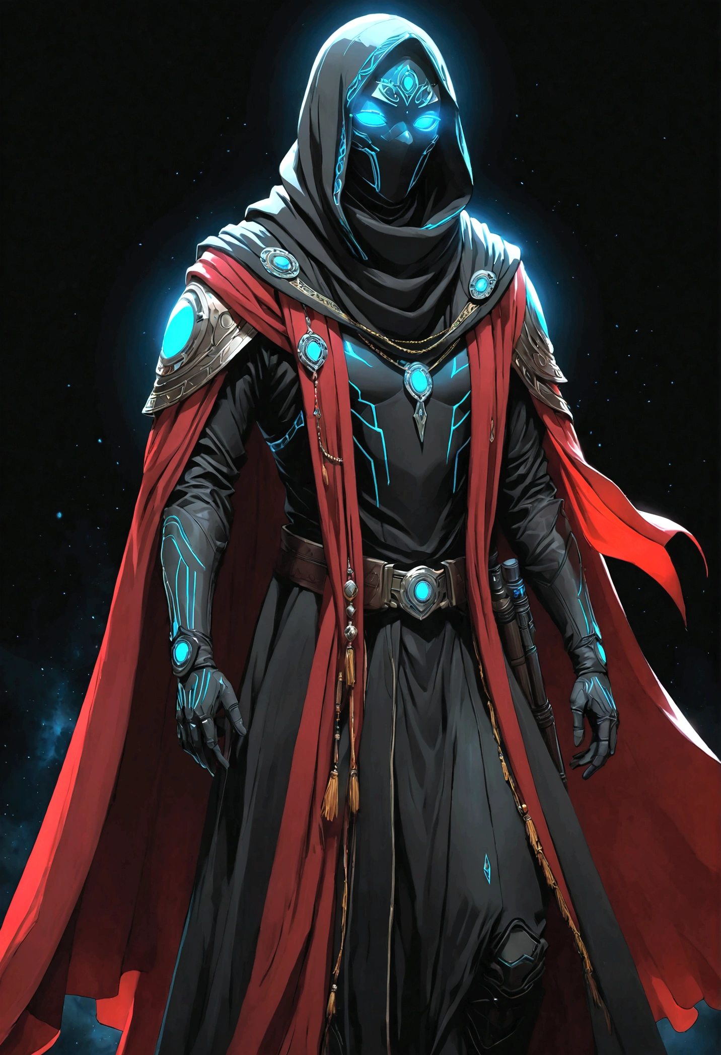 realistic,shining,reflective,bioluminescence, Galactic Cybernetic Mask,Mecca,(assassin:1.2),((((scarf,Long cloak)))),SH4G0D,shining룬_Red,whole body,cinematic,dark background,backlight,high contrast