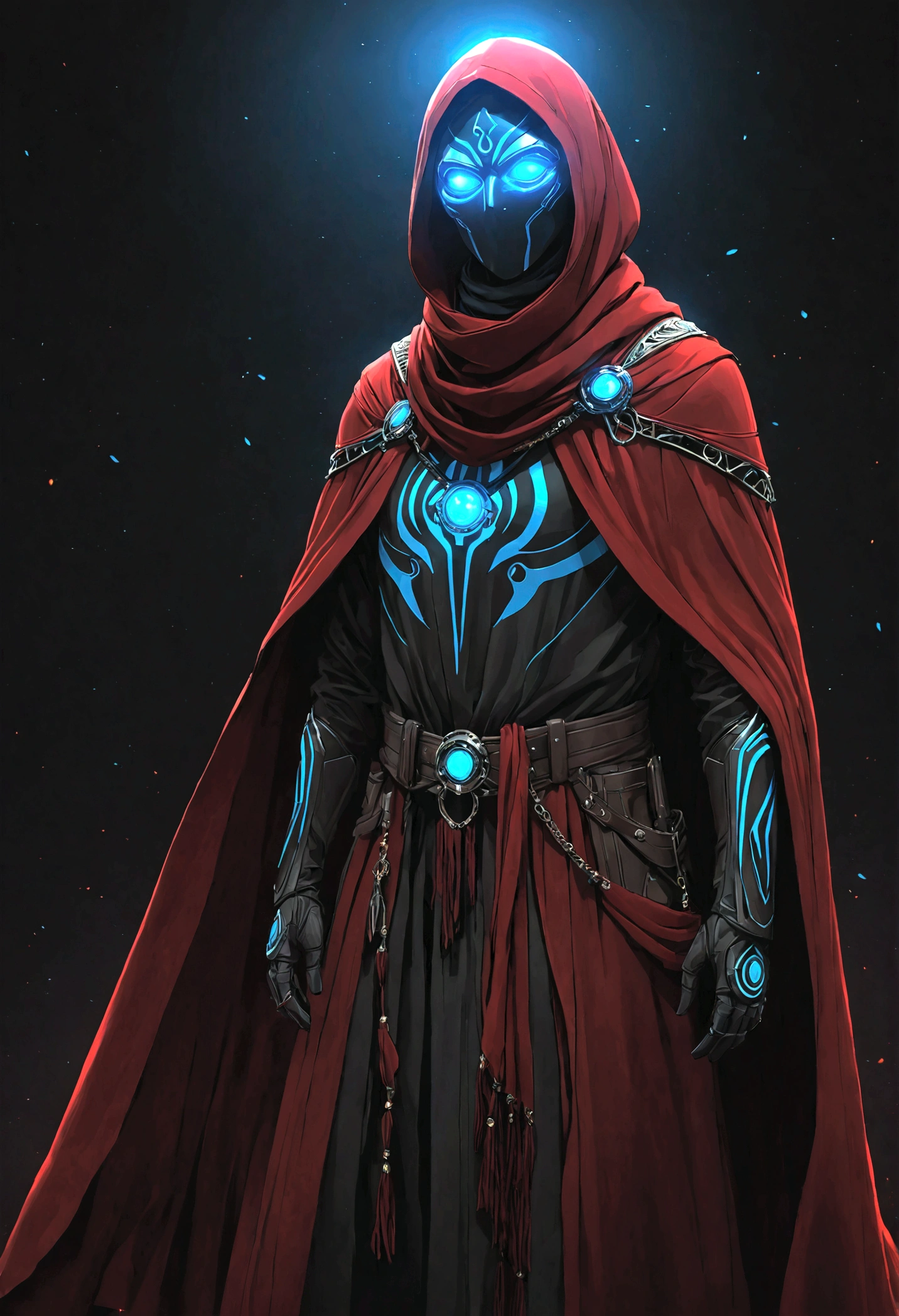 realistic,shining,reflective,bioluminescence, Galactic Cybernetic Mask,Mecca,(assassin:1.2),((((scarf,Long cloak)))),SH4G0D,shining룬_Red,whole body,cinematic,dark background,backlight,high contrast