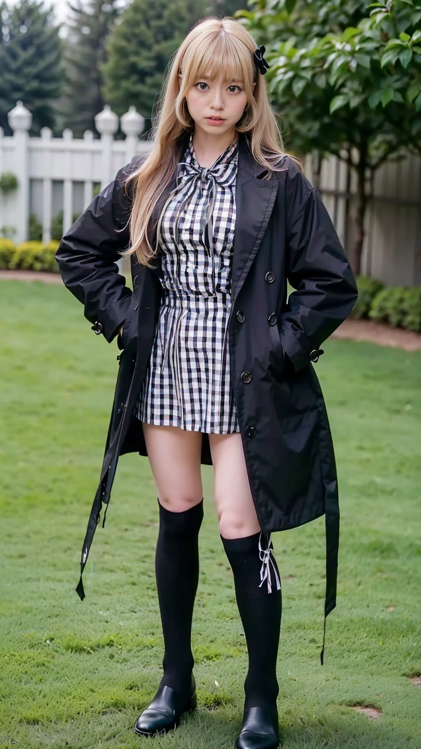 (8k、RAW Photos、highest quality、masterpiece:1.2)、(Realistic、Realistic)、1 girl、((Black coat、Blonde、Angry face、Checked ee-through、Ribbon on chest、Knee socks、、Big Breasts、boots、whole body、garden、View from the front、Looking into the camera、Standing with one hand on one hip))、