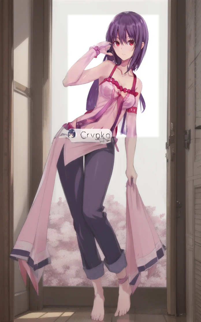 a woman in a pink dress is posing for a picture, gapmoe yandere, anime moe artstyle, seductive anime girl, yandere. tall, made with anime painter studio, yandere, smooth anime cg art, cute anime waifu in a nice dress, red eyes, purple hair, long hair, full body, light pink pants