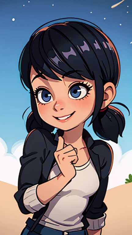 marinette, black hair, Two pigtails, shy smile, age torso, watching stars