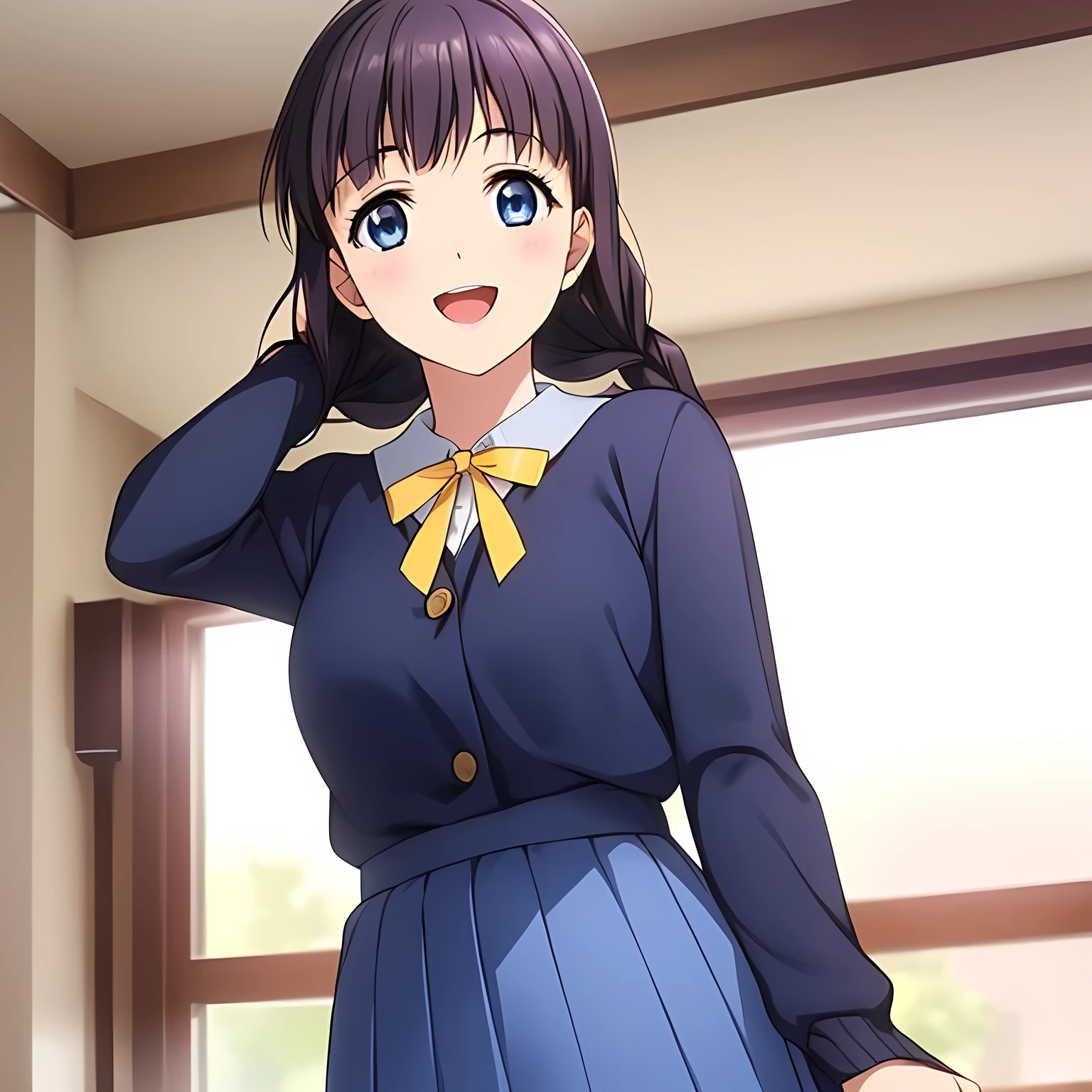 (highest quality, masterpiece:1.2), highest quality, High resolution, 1080p, 8K, Game heroine CG, Height: 158cm, ((A beautiful girl, the game heroine, is smiling and looking proudly.)), A face that everyone loves, Glossy lips, Even bangs, Double, Long eyelashes on both the top and bottom, Smiling blue eyes, The very large and thick yellow ribbon bowtie is very cute., ((Black Hair)), Beautiful, shiny, long braids, ((A long, neat, dark navy pleated skirt)), (((A long-sleeved navy blue sailor uniform for winter, all dark blue in color))), ((Navy blue jacket)), Smiling, slightly open mouth like a game heroine, Ribbon in hair, Tight waist, Introducing high school sailor uniforms, ((Blur the background))