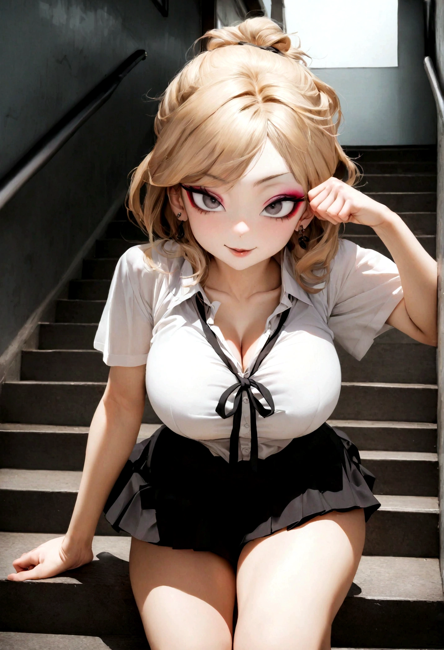 Gray eyes, Korean , summer shirt, ribbon tie, skirt, bright blonde, school stairs, going down school stairs, chest thrusting pose, chest bragging pose, 8k raw photo, high resolution, cool Korean at 16 years old, very big round breasts, beautiful eyes in detail, long eyelashes, beautiful double eyelids, eyeshadow, eyeliner, slender eyes, elongated eye shape, Sanpaku eyes, evil smile, evil look, beautiful very thin legs, beautiful very thin thighs, random medium hair, hair tied behind the head, earrings,