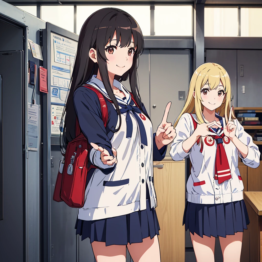 A confident smile, かわいいポーズをとっているtwo students demonstrating a gesture commonly associated with a peace sign while speaking by teleTelephone, skirt, Black Hair, indoor, in, Telephone, shirt, ((((complete fiine fingers))))
