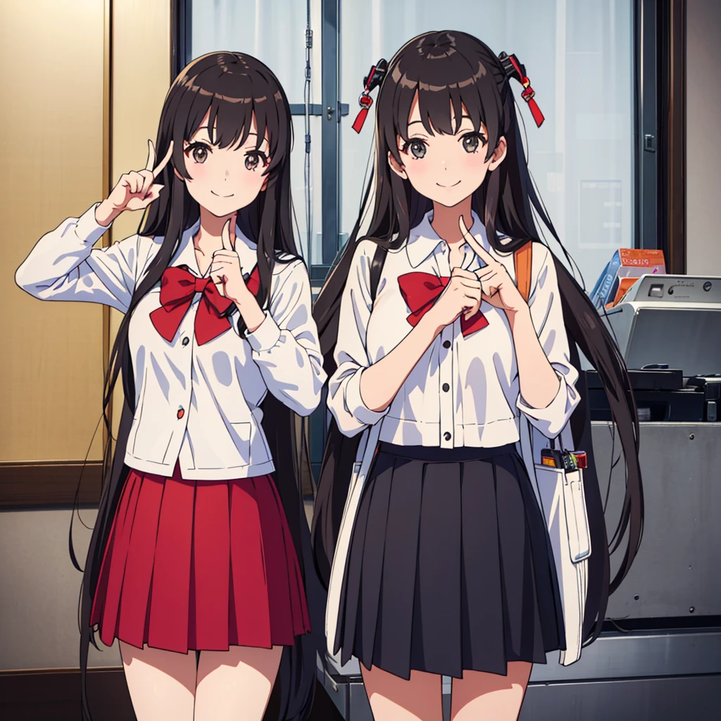 A confident smile, かわいいポーズをとっているtwo students demonstrating a gesture commonly associated with a peace sign while speaking by teleTelephone, skirt, Black Hair, indoor, in, Telephone, shirt, ((((complete fiine fingers))))
