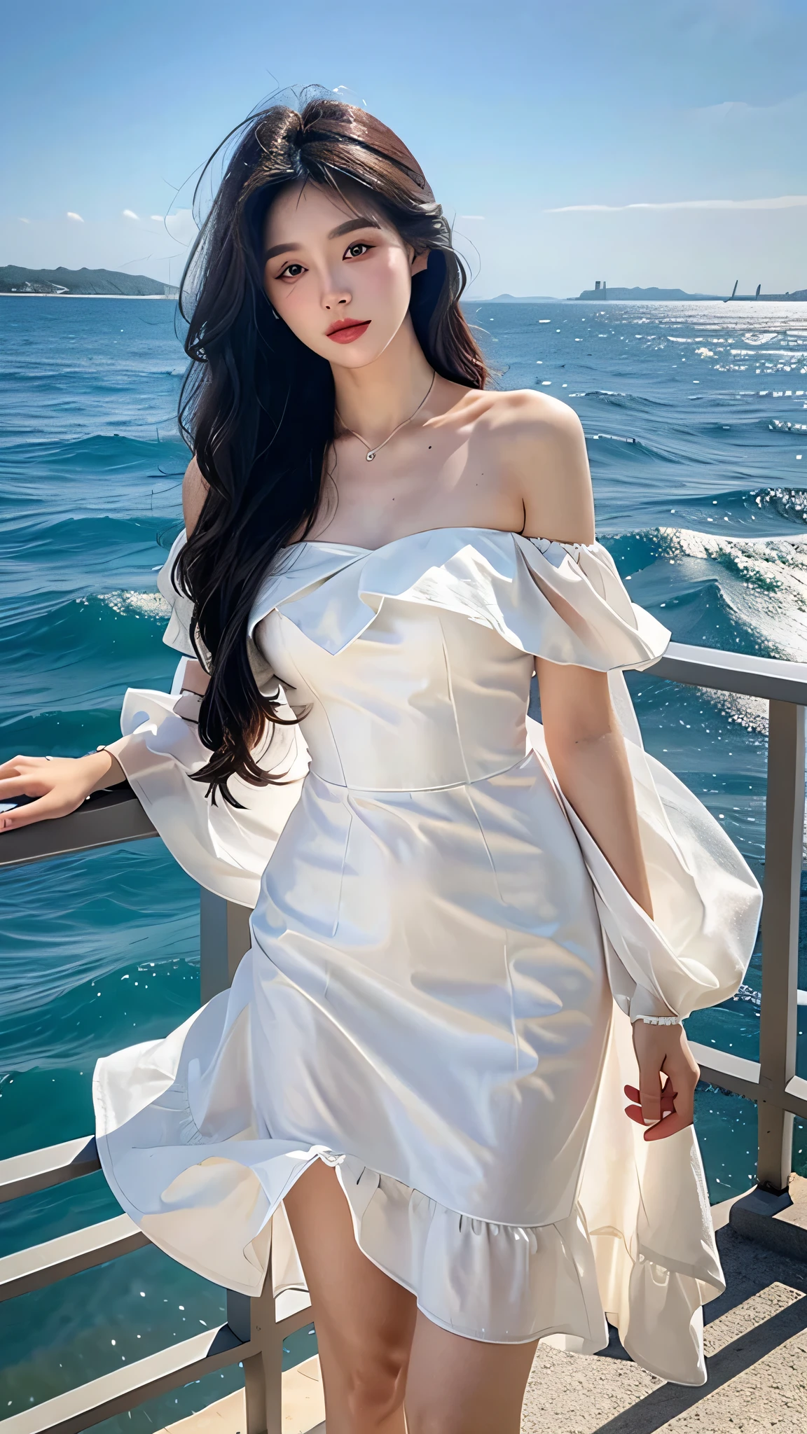 A sweet girl by the sea,voluminous hair,Delicate face,Photorealsitic,of a real,largeaperture,wears a white dress,A cropped dress,Off-the-shoulder,A dress around the neck,Slim,sexy for,Ultra-high resolution
