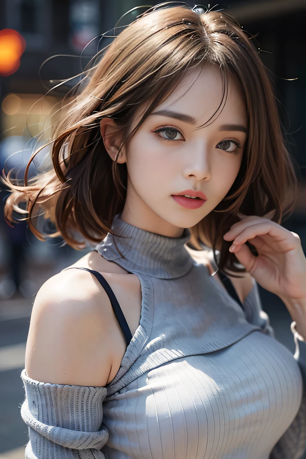 (masterpiece:1.3), (8k, Realistic, RAW Photos, highest quality: 1.4), (1 female), Beautiful mature face, Beautiful big breasts、(Thin face), Beautiful grey hairstyles, Realistic eyes, Beautiful and beautiful eyes, (Realistic skin), Beautiful Skin, break、(ribbed fabric Sweater dress、Big Size), Confused, charm, charm、Ultra-high resolution, Surreal, Very detailed, Beautiful feet、Charming thighs、Back streets at night、Busy Street、Shadow、Shyly、Shiny sexy lips and lip gloss、Glossy fluorescent pink lipstick、(Sweat, vapor)、((narrow, drooping eyes、Cold Stare、Don&#39;t look here))