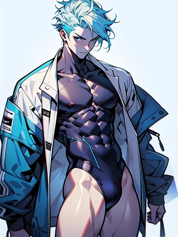 Design of a male character, White skin, light blue hair, wear a swimsuit 