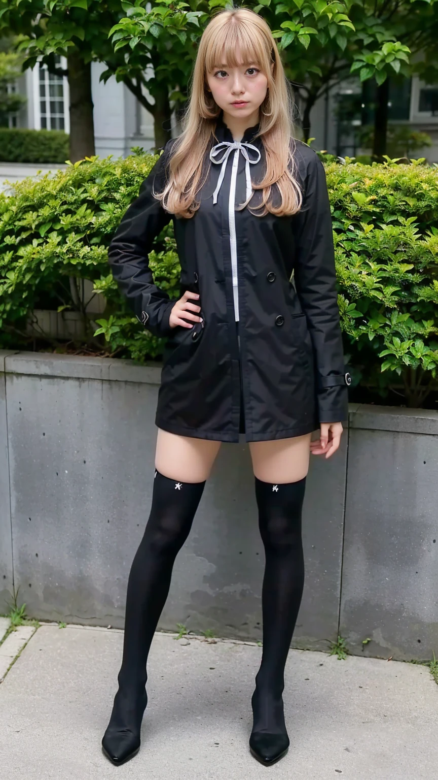 (8k、RAW Photos、highest quality、masterpiece:1.2)、(Realistic、Realistic)、1 girl、((Black coat、Blonde、Checked ee-through、Ribbon on chest、Knee socks、、Big Breasts、boots、whole body、garden、View from the front、Looking into the camera、Standing with one hand on one hip))、