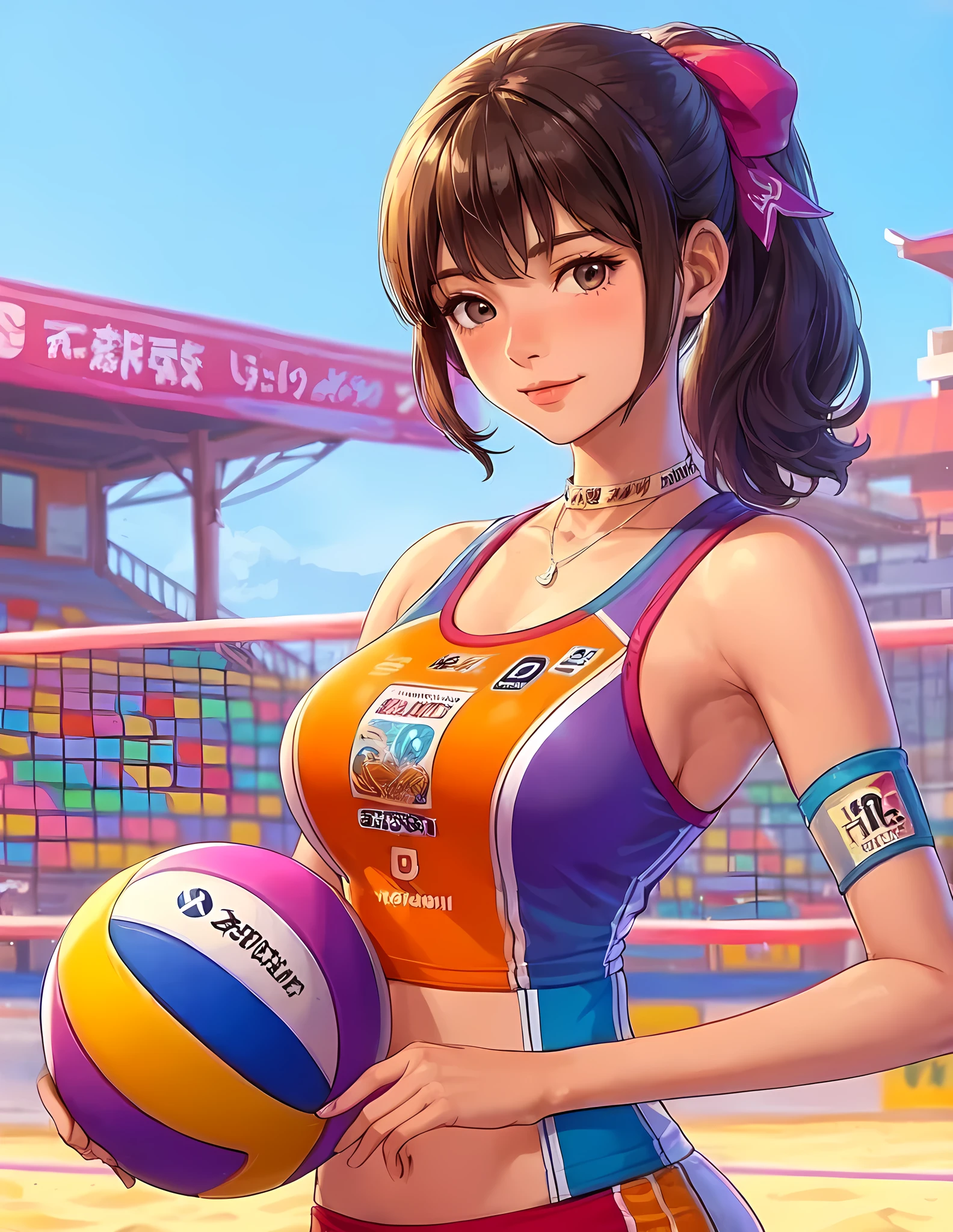 1lady standing, beach-volleyball player, (beach-volleyball uniform) (company logo), sun visor, mature female, /(brown hair/) bangs, light smile, (masterpiece best quality:1.2) delicate illustration ultra-detailed, large breasts, (holding volleyball in hand) BREAK (outdoor sports venue) outdoors, beach-volleyball court, sand, audience, detailed background