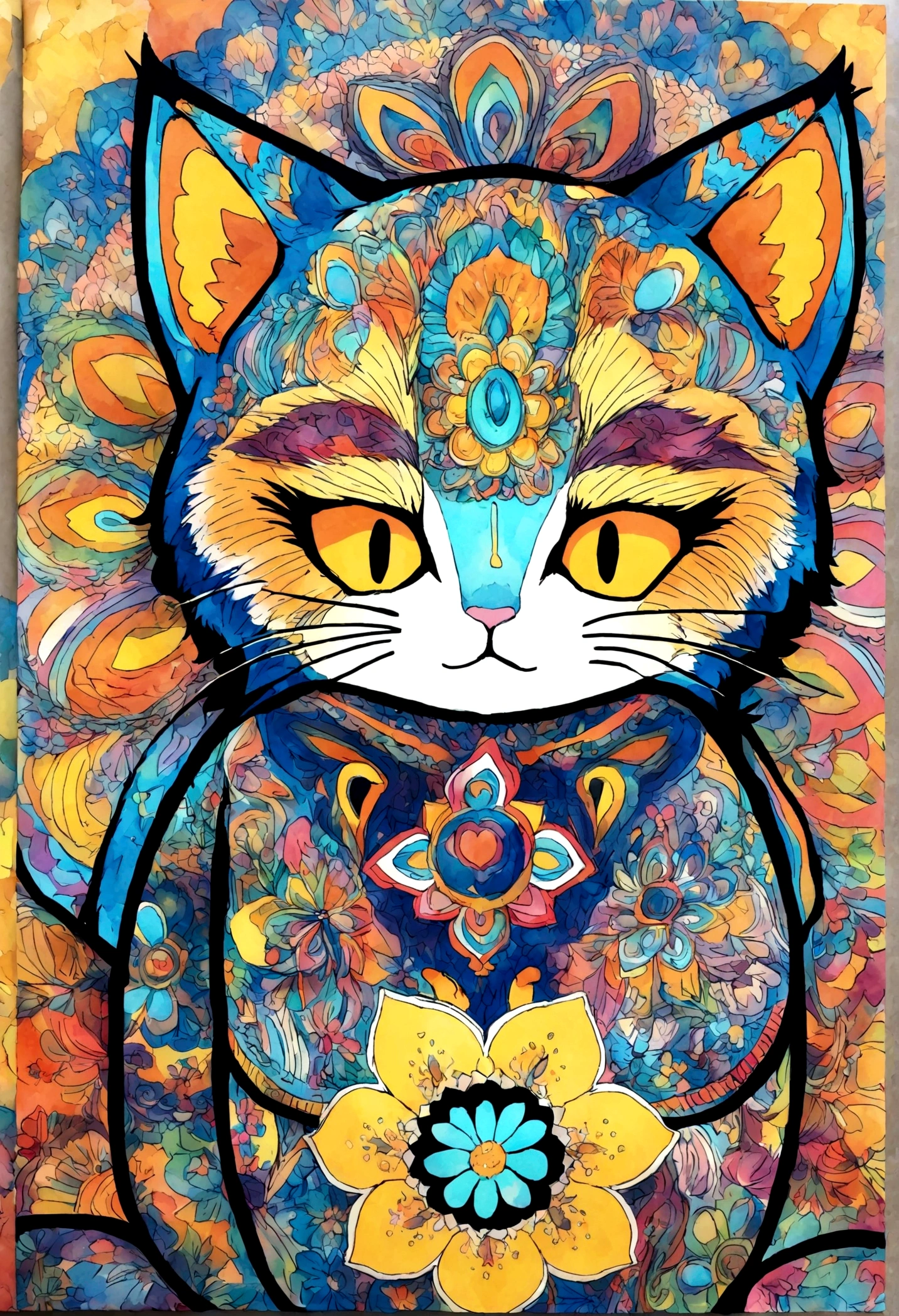 2Vivid colorful drawing of cool cat-based mandalas