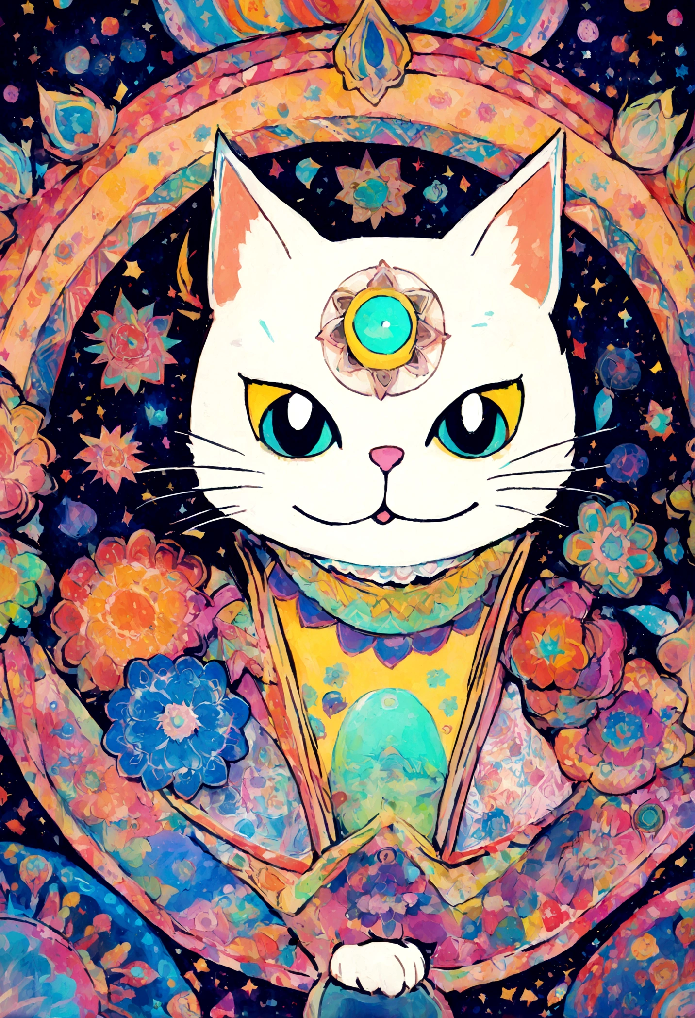 ２Vivid colorful drawing of cool cat-based mandalas
