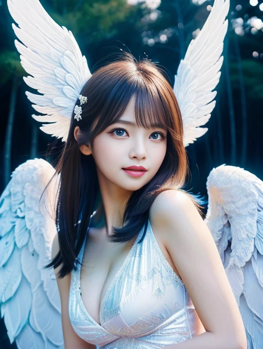 (A cute young Japanese Angel:1.75), (She has real Angel wings:1.5),(She descends from the sky onto a lake in the woods:1.0),(beautiful detailed eyes:2.0),beautiful detailed lips, (extremely detailed eyes and face:1.5), longeyelashes, slender woman body, beautiful short hair, natural makeup,big smile, incredibly beautiful skin, (professional lighting, bright lighting, photorealistic, 8k, high resolution, best quality, masterpiece, ultra-detailed:1.25), vivid colors, moonlit night