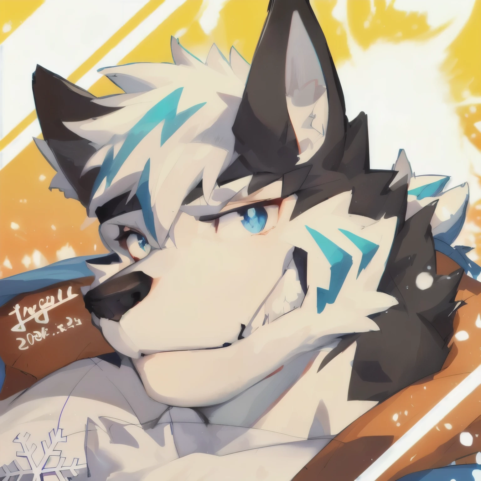 Anime style pictures，A wolf with blue eyes，There is a snowflake on the head, Ferson art, Fulfini Committee, Furry art!!!, Ferson Furry art commission, Detailed fan art, ice cold, Furry character portrait, Fur Affinity Committee, wolf Ferson, high resolution committee, Profile picture 1024px, Trigger anime art style, Ferson