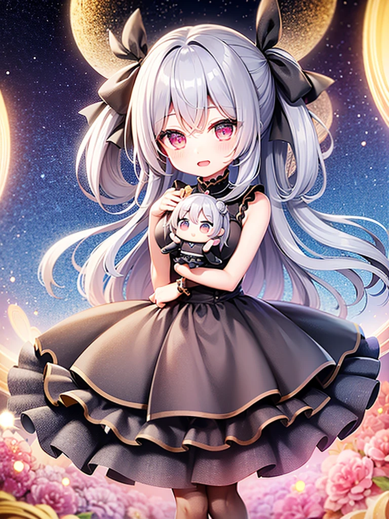highest quality、Masterpiece、Night Sky、Meteors、One girl、Chibi Character、Gray Hair、Hair tied up、Light blue and pink dress、Big Eyes、Open mouth smile、Standing pose