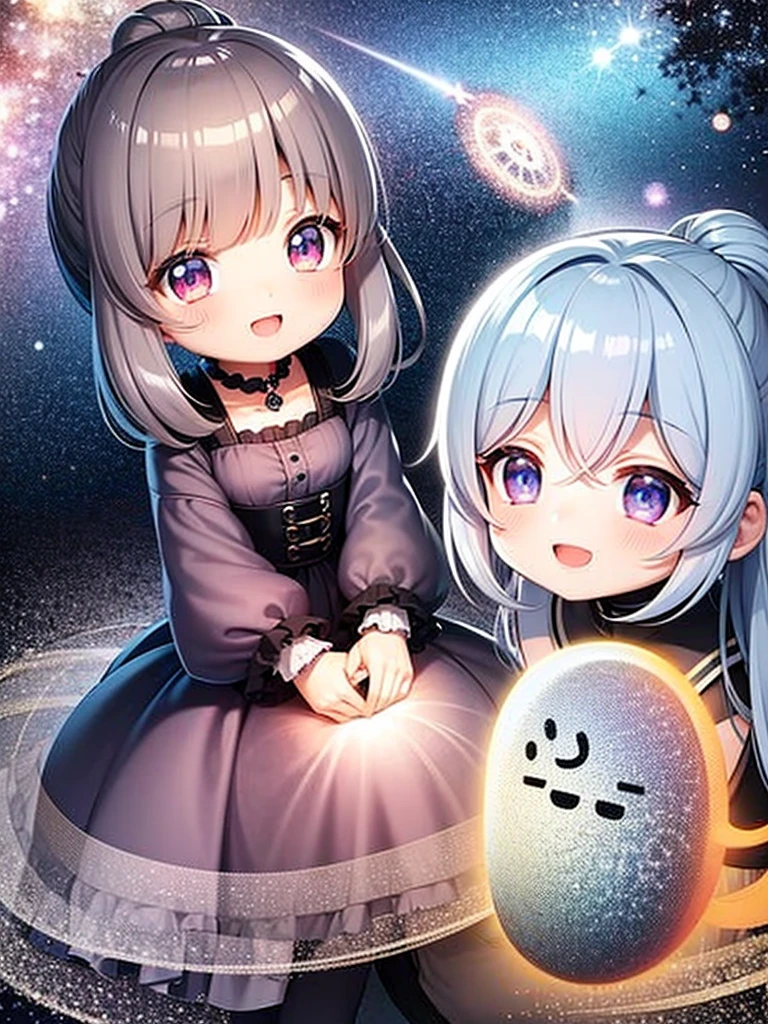 highest quality、Masterpiece、Night Sky、Meteors、One girl、Chibi Character、Gray Hair、Hair tied up、Light blue and pink dress、Big Eyes、Open mouth smile、Standing pose