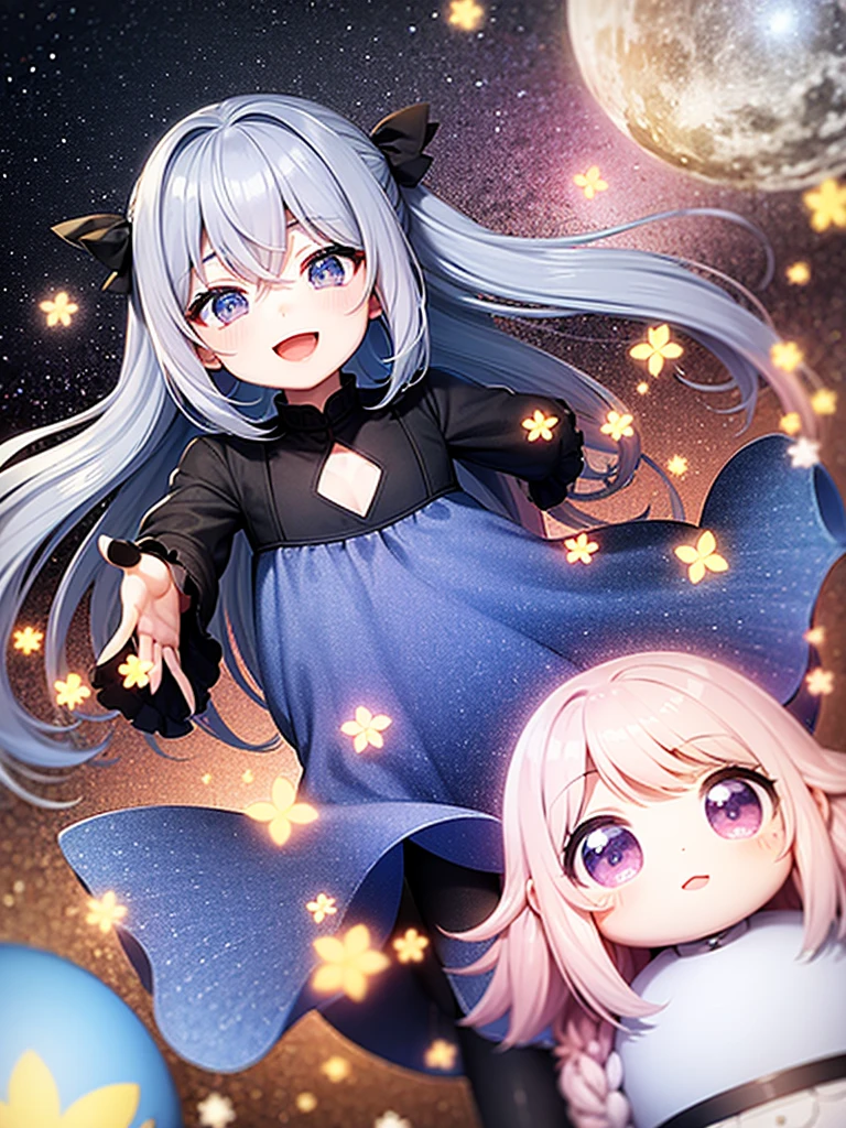 highest quality、Masterpiece、Night Sky、Meteors、One girl、Chibi Character、Gray Hair、Hair tied up、Light blue and pink dress、Big Eyes、Open mouth smile、Standing pose