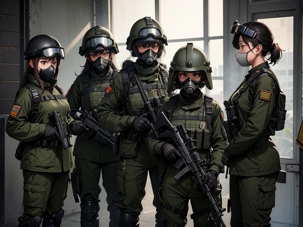 Three female soldiers standing in parallel、Wear a black helmet、Wearing black M-15 military uniform、Gas Mask、Goggles、Only the upper part of the leg is shown、Write details、masterpiece、best quality、Highly detailed CG、8K picture quality、theater lighting、lens flare
