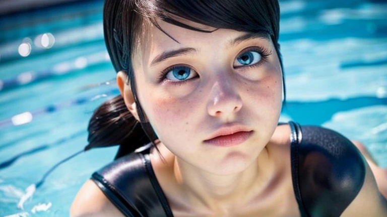 Marinette Dupain Cheng, girl,school swimming pool in Paris,France,blue hair,two ponytails,adjustable one-piece swimsuit,cute,beautiful detailed eyes,beautiful detailed lips,extremely detailed eyes and face,long eyelashes,,graceful,splashing water,clear blue water,sunlight,sunbeams,vibrant colors,photorealistic,8k,high quality,masterpiece,realistic,professional,vivid colors