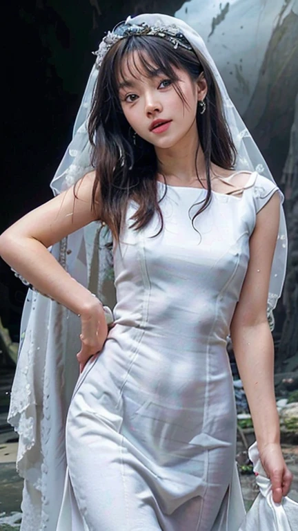 (highest quality, 32k, Ultra-high resolution:1.2), (RAW Photos), (Realistic), (High resolution), Large file size, Super detailed, Very beautiful face & eye, One girl, Cute Japanese elementary school girl, 14, 13yo, 12 years old, Round and small face, Narrow waist, Big Breasts, Slim figure, Thin thighs, (Wedding dress, Wedding Veil, Standing above a sea cave:1.35), Nice hands, Perfect hands, Accurate hand drawing, Perfect Parents Refer to & refer to, Sweaty, shy smile, Pure white teeth, (Sky after rain、Big cave with high waves:1.35), (Droopy eyes, Natural Makeup、Ultra-high definition beauty face:1.25)、(Ultra high resolution perfect beautiful teeth, Center of chest, Tight waist, smile:1.15)、Ultra HD Shining Eyes、Super high quality glossy lip, (Photorealistic:1.2), From below, 8k, masterpiece