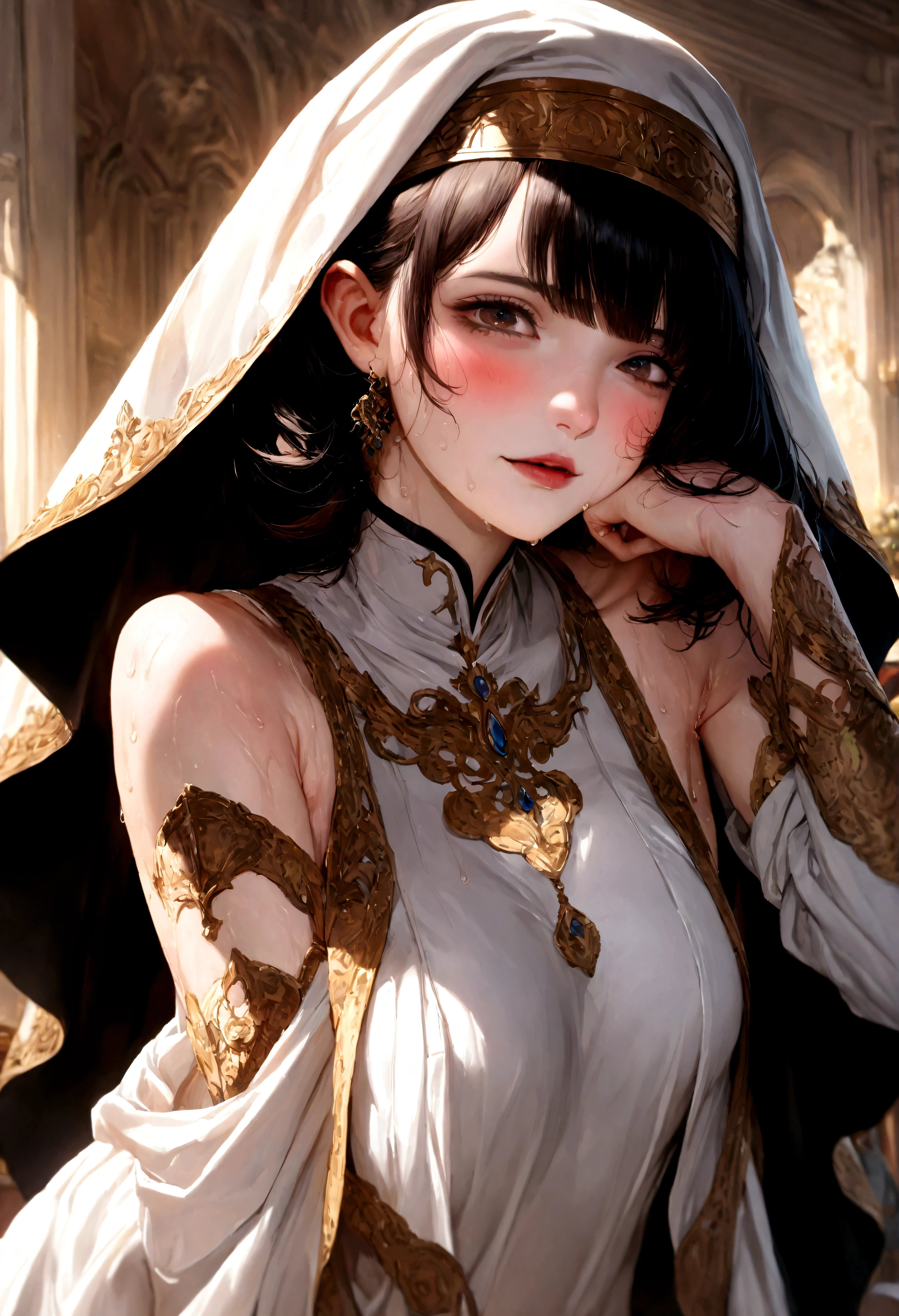 UHD,textured skin, high details, anatomically correct,SOLO,(1 Female,short hair,perfect body,huge oppai),(Wearing A see-though Nun's robe:1.9)(loose type),(Wearing black long silk stocking:1.7),(Lying on the Lux bed:1.7),(The royal classic room:1.7),(hands behind her head:1.9),(sweating skin:1.7),(full blush:1.4),(Genshin Impact/Rosaria)
