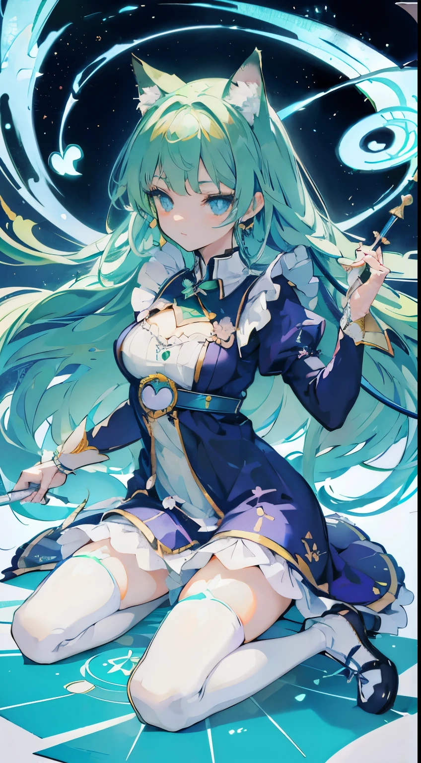 ((Tabletop, highest quality: 1.1), ((Anime girl in a blue dress holding a magic wand)), Art Nouveau、Anime Cat girl wearing a maid costume, , ((Green hairs))、Long-haired person、((Eyes that shine like jewels, Long eyelashes, Transparency))、Very Beautiful Anime Cat girl, Anime cat girl, ((White knee-high socks)), Attractive Cat Girl, I&#39;At the candy store,Inspired by Leiko Ikemura, Takano Aya color style, in ryuuou no oshigoto art style, Cat girl, Someone you admire, rei hiroe、smile