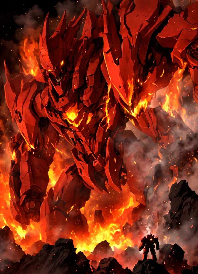 solo, super robot, Evil villains, giant robots that destroy the world, red demonic mecha with flames, a mecha with face, fire golem creature, destructive colossal mecha as background, lava mecha, fire elemental, mecha vore art epic digital painting, epic full color illustration, background artwork