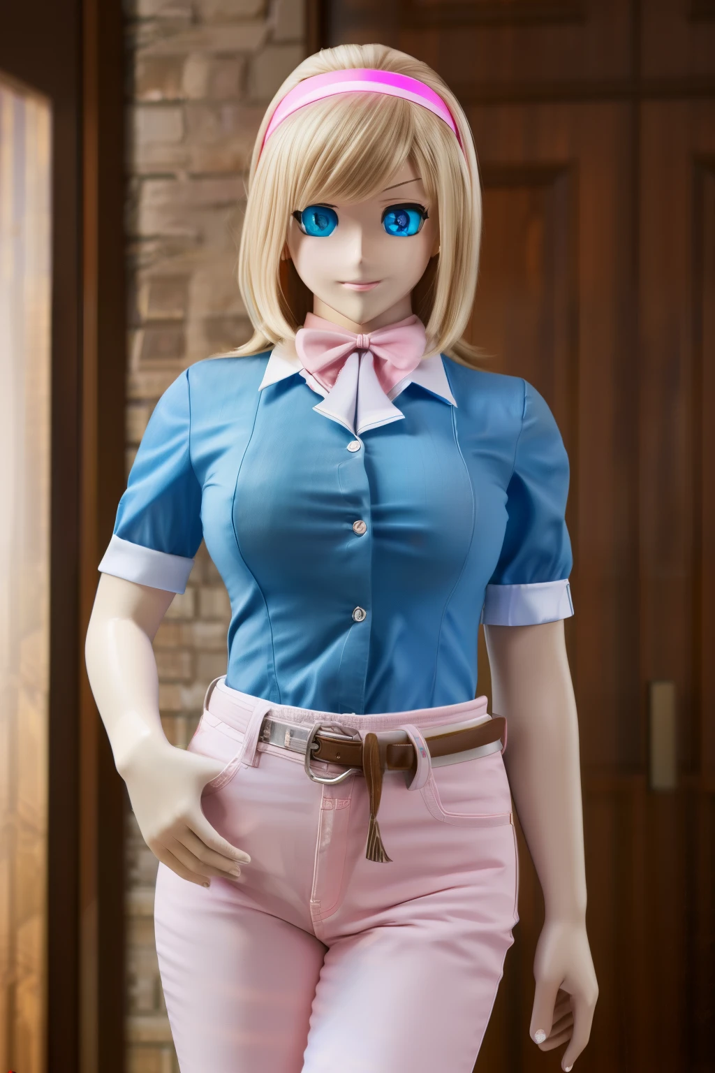 ultra high definition, highres, very detailed, animatronic housewife, blond hair, blue eyes, pink shirt, pink hairband, jeans, glowing eyes, standing erect, nsfw