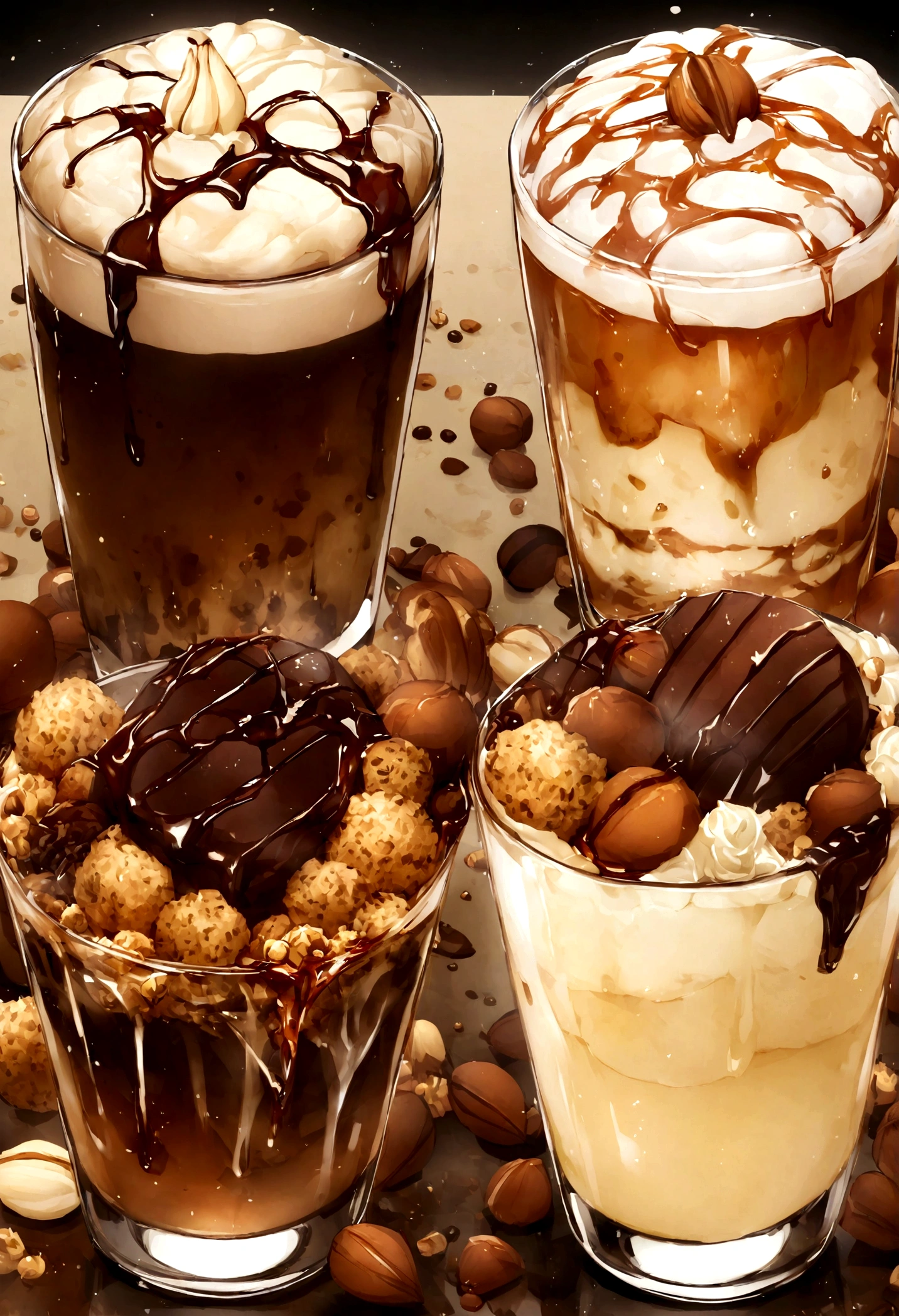 Detailed shot of a hazelnut iced latte, Capturing the wealthy, The nutty flavor of hazelnut syrup is mixed with velvety milk and espresso., Drizzle with chocolate syrup、Garnish with a sprinkling of crushed hazelnuts.