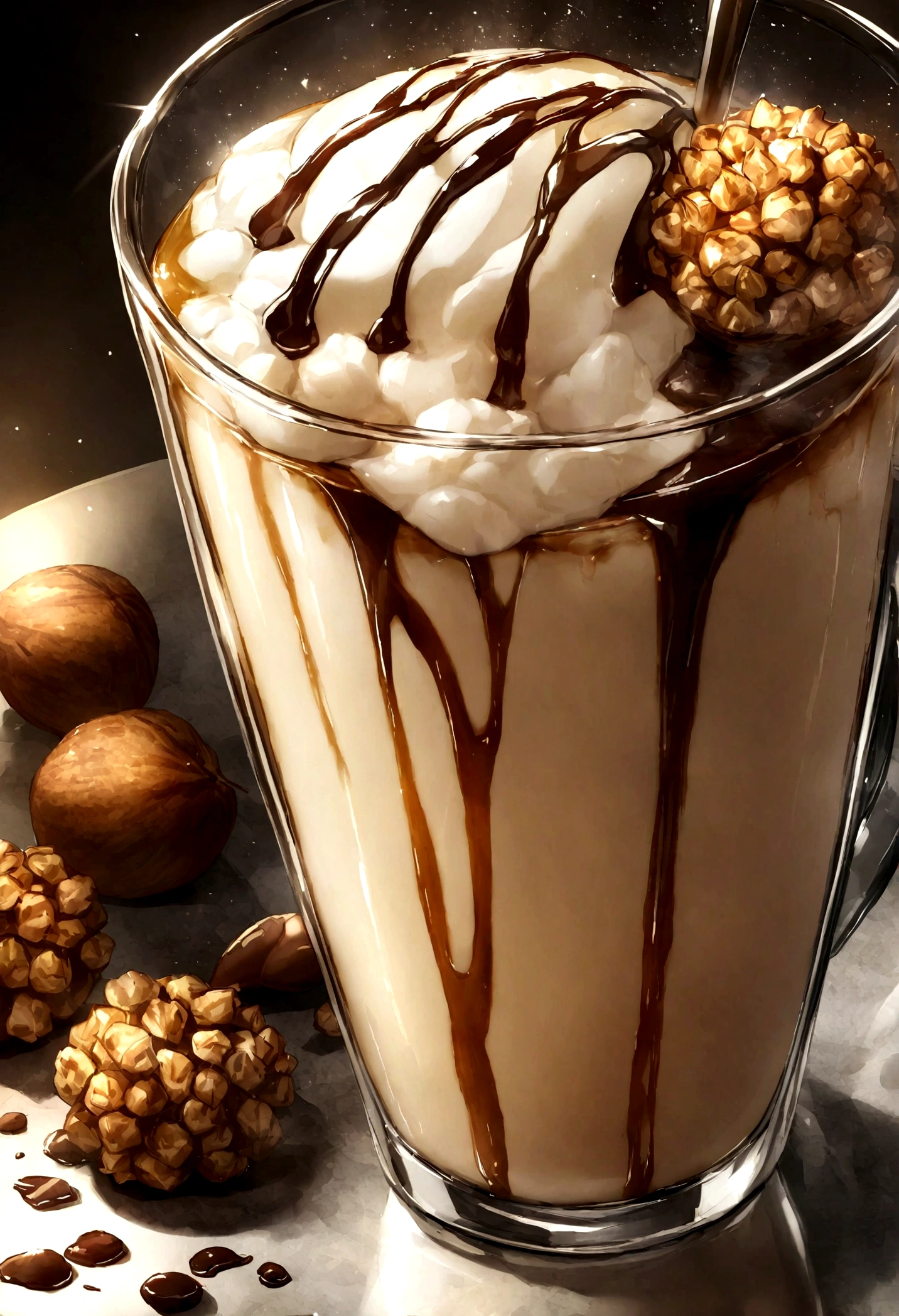 Detailed shot of a hazelnut iced latte, Capturing the wealthy, The nutty flavor of hazelnut syrup is mixed with velvety milk and espresso., Drizzle with chocolate syrup、Garnish with a sprinkling of crushed hazelnuts.