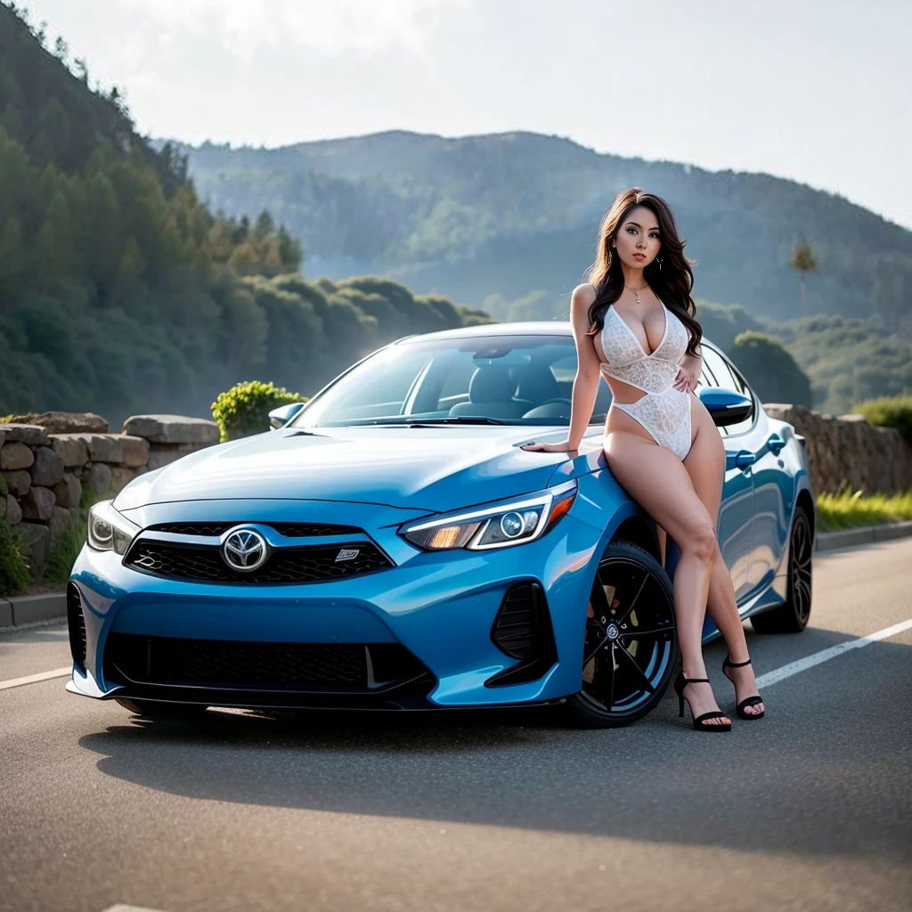 a beautiful curvy latina woman wearing sexy shorts, standing next to a Toyota Corolla car, highly detailed, photorealistic, 8k, cinematic lighting, dramatic composition, warm colour tones, elegant fashion style, alluring gaze, perfect skin, long flowing dark hair, fit and toned physique, sensual posing, dynamic pose, luxury sports car, urban city backdrop, atmospheric environment, best quality, masterpiece