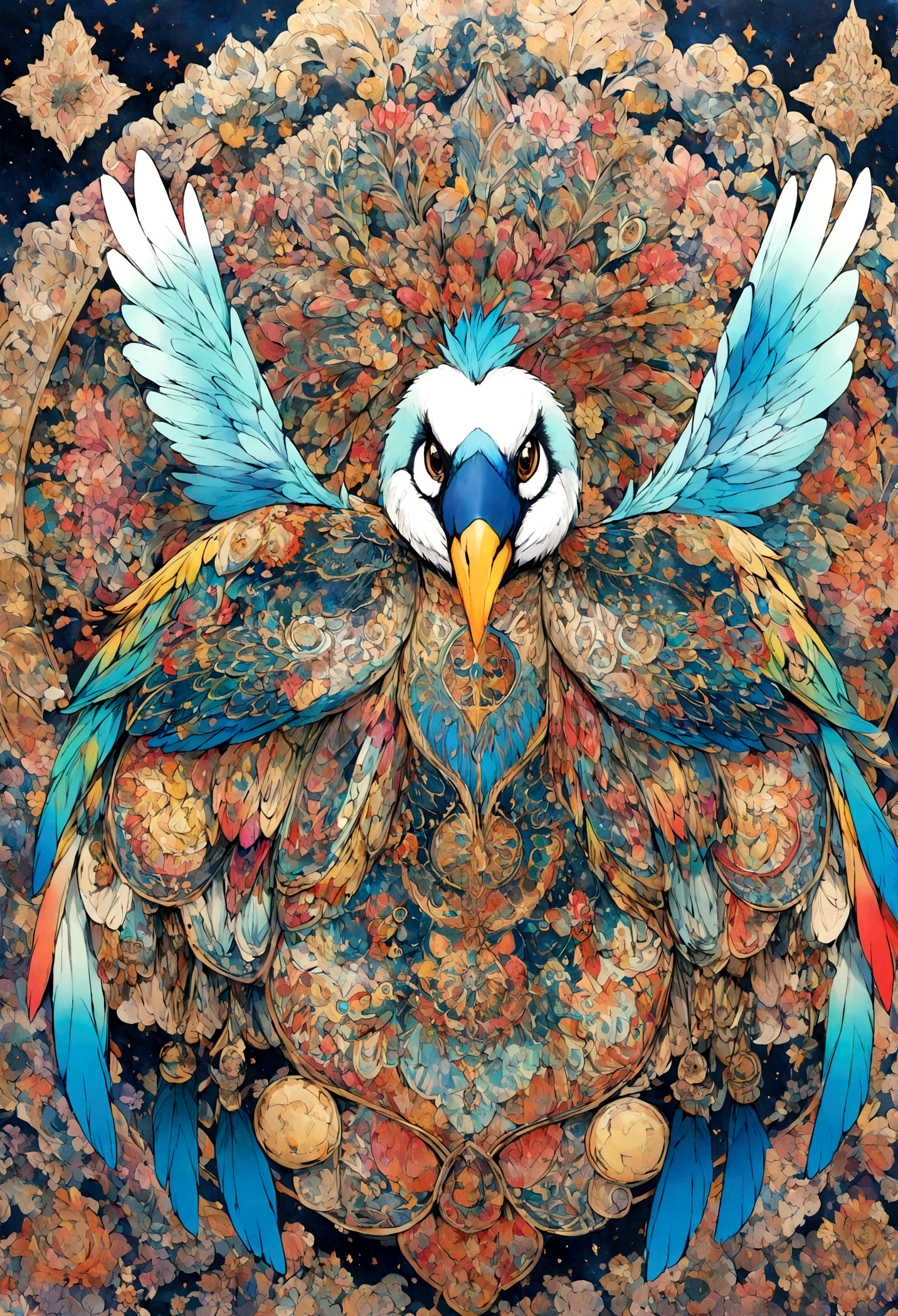 ２Vivid colorful drawing of cool bird-based mandalas