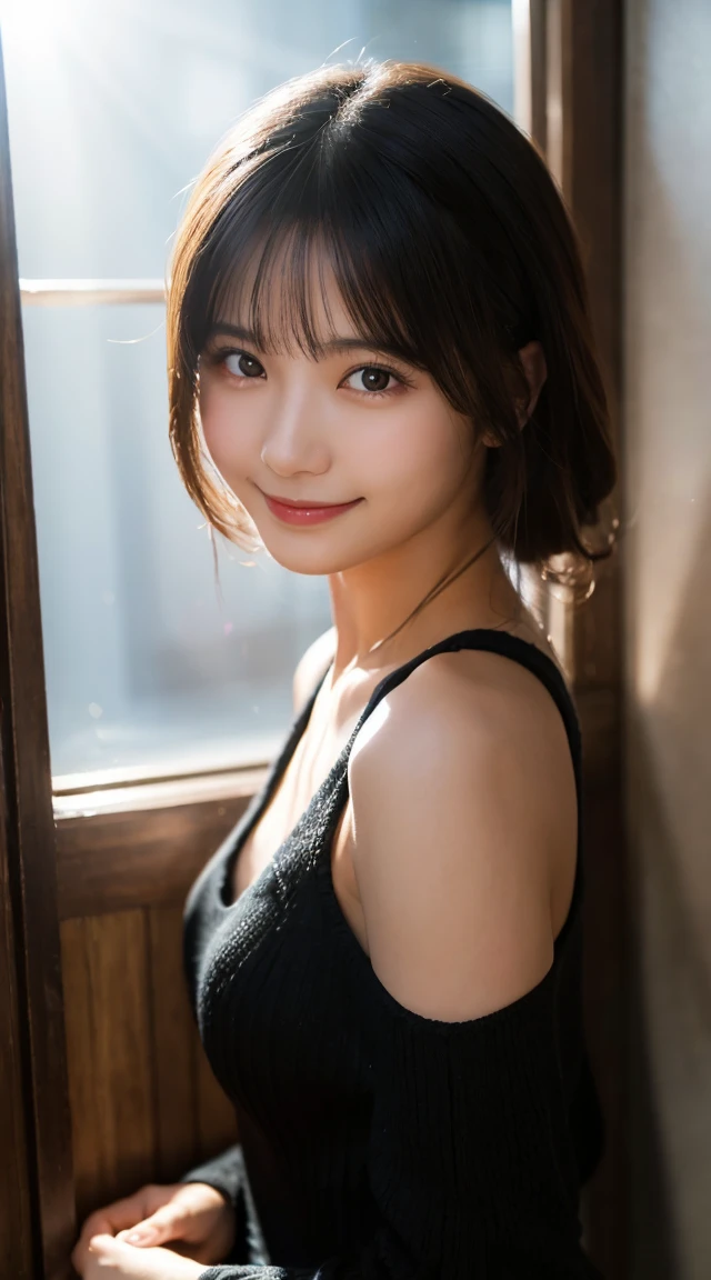 (highest quality,masterpiece:1.3,ultra high resolution),(Super detailed,caustics,8k),(photorealistic:1.4,RAW shooting),1 girl,(look at the camera with a smile),20-year-old,cute,Japanese,black hair long bronde, Knitted dresses, big, face focus, Natural light, Backlight, (A bright light shines from above), (Lens flare), professional writing, the backlight makes your body silhouette stand out, perfect bodies, perfect arms, Perfect fingers, perfect legs, perfect hair, pores, Realistic skin texture, full body Shot, from below view