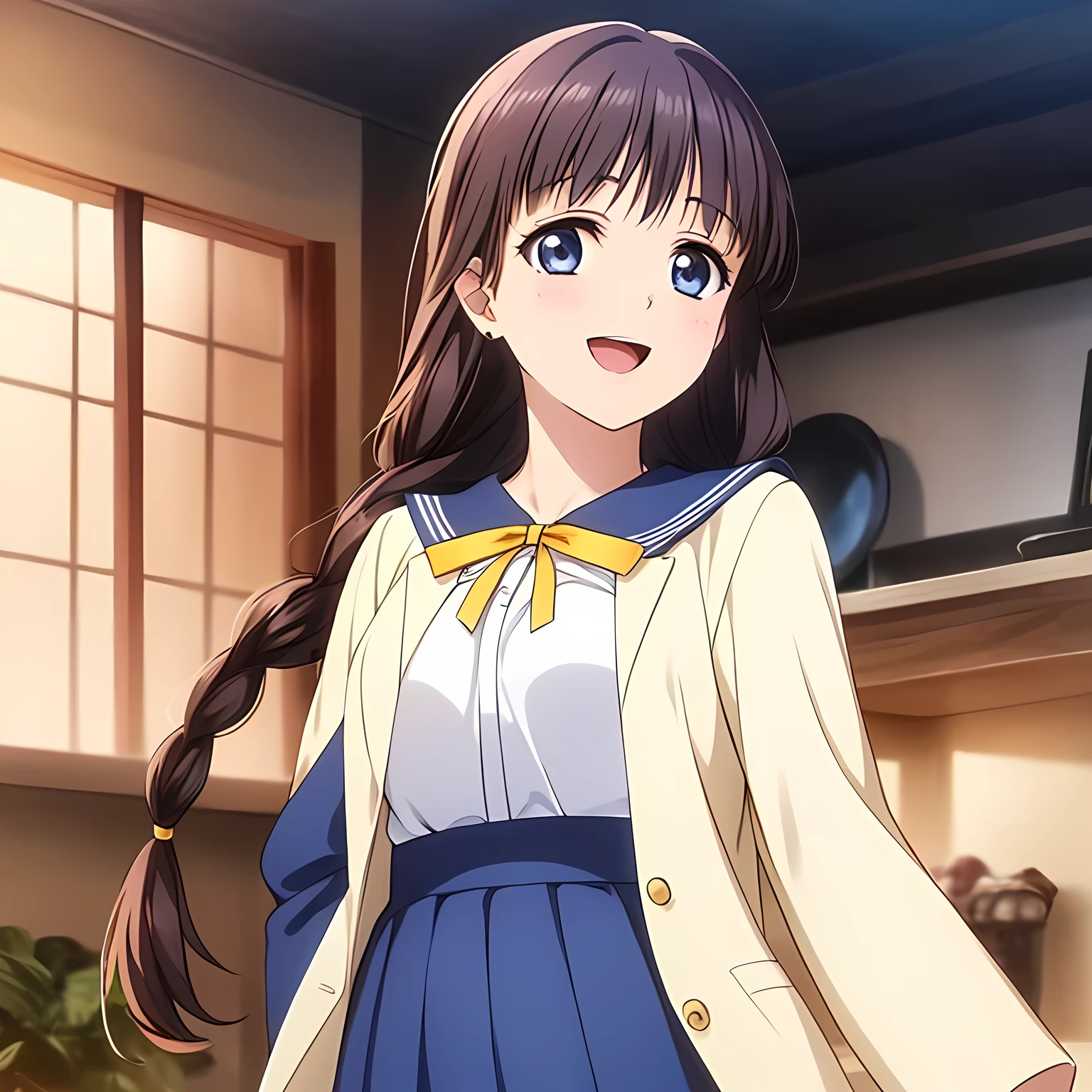 (highest quality, masterpiece:1.2), highest quality, High resolution, 1080p, 8K, Game heroine CG, Height: 158cm, ((A beautiful girl, the game heroine, is smiling and looking proudly.)), A face that everyone loves, Glossy lips, Even bangs, Double, Long eyelashes on both the top and bottom, Smiling blue eyes, The very large and thick yellow ribbon bowtie is very cute., ((Black Hair)), Beautiful, shiny, long braids, ((A long, neat, dark navy pleated skirt)), (((A long-sleeved navy blue sailor uniform for winter, all dark blue in color))), ((Navy blue jacket)), Smiling, slightly open mouth like a game heroine, Ribbon in hair, Tight waist, Introducing high school sailor uniforms, ((Blur the background))