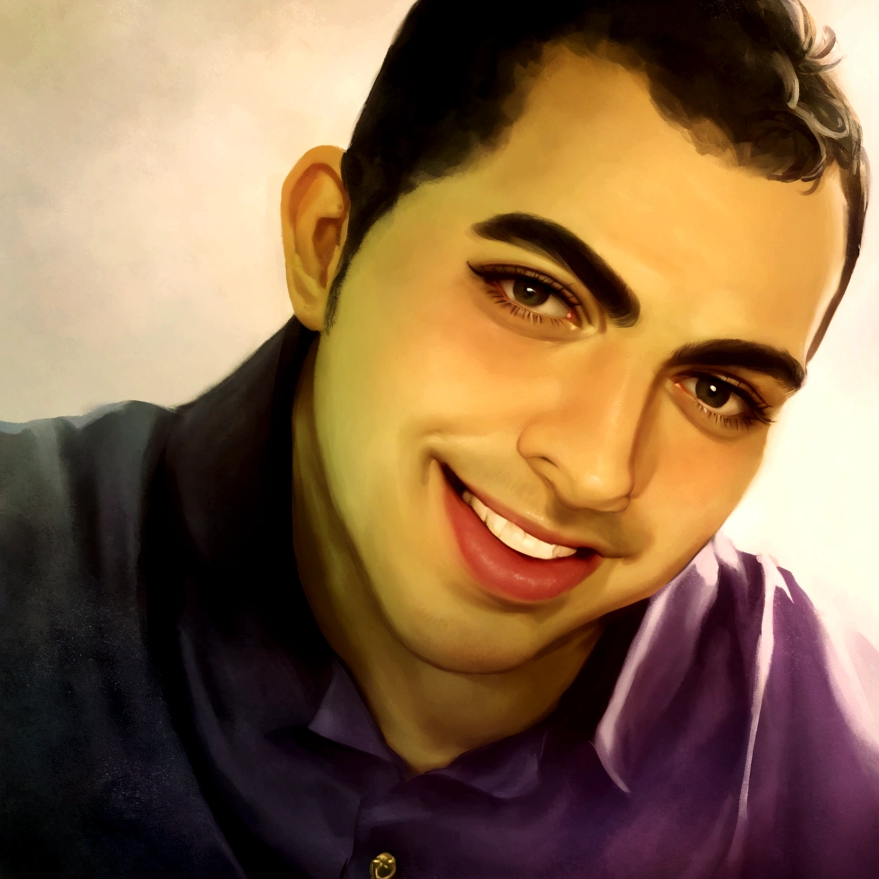 homem sorridente de camisa roxa com uma camisa roxa, Amr Elshamy, emad mostaque, Mohammed Chahin, caio santos, Ahmed Merheb, atef., Mohamed Reda, com um sorriso lindo, Jamil Shabbaz, ismail, Sam Nasour, Direction: Shaddy Safadi, Alexandre, foto realista, Riyad Cassiem