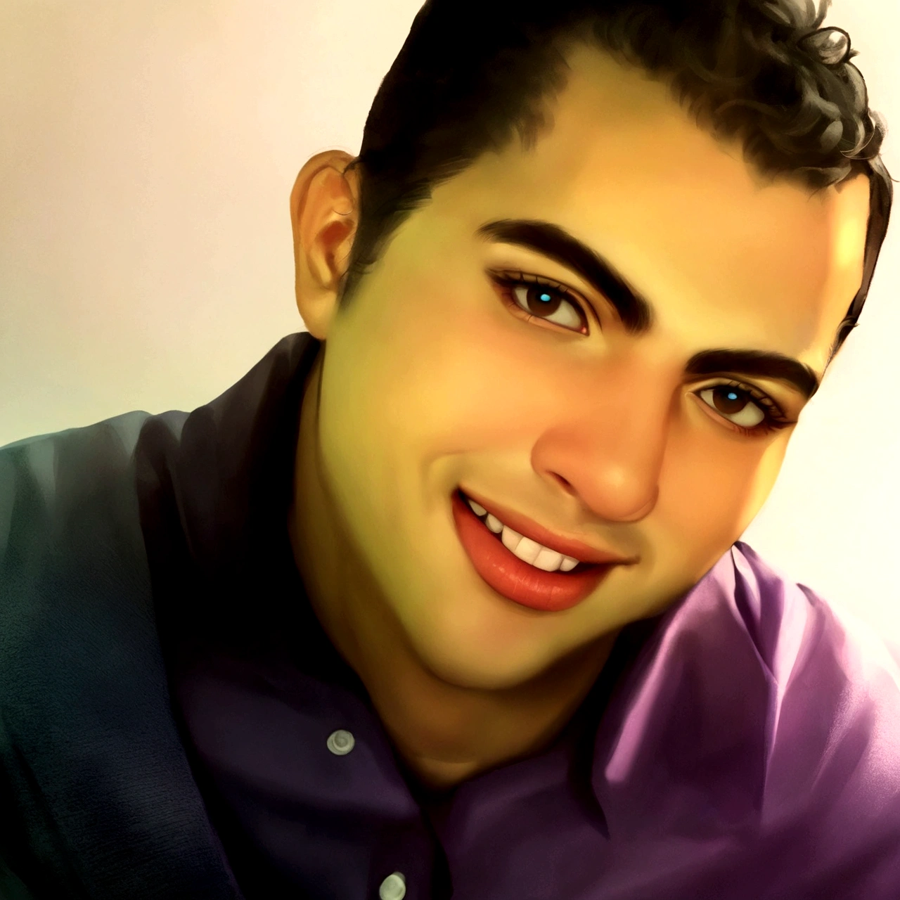 homem sorridente de camisa roxa com uma camisa roxa, Amr Elshamy, emad mostaque, Mohammed Chahin, caio santos, Ahmed Merheb, atef., Mohamed Reda, com um sorriso lindo, Jamil Shabbaz, ismail, Sam Nasour, Direction: Shaddy Safadi, Alexandre, foto realista, Riyad Cassiem