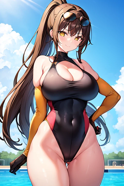 1girl, one-piece swimsuit, black one-piece swimsuit, brown hair, ponytail, highleg, , eyewear on head, yellow eyes, yellow trim, bare legs, thick thighs, huge breasts, pool, competition swimsuit, sleeves, long sleeves, gloves, elbow gloves, chocker, ((bare legs)), standing, hourglass figure, ((sleeves))