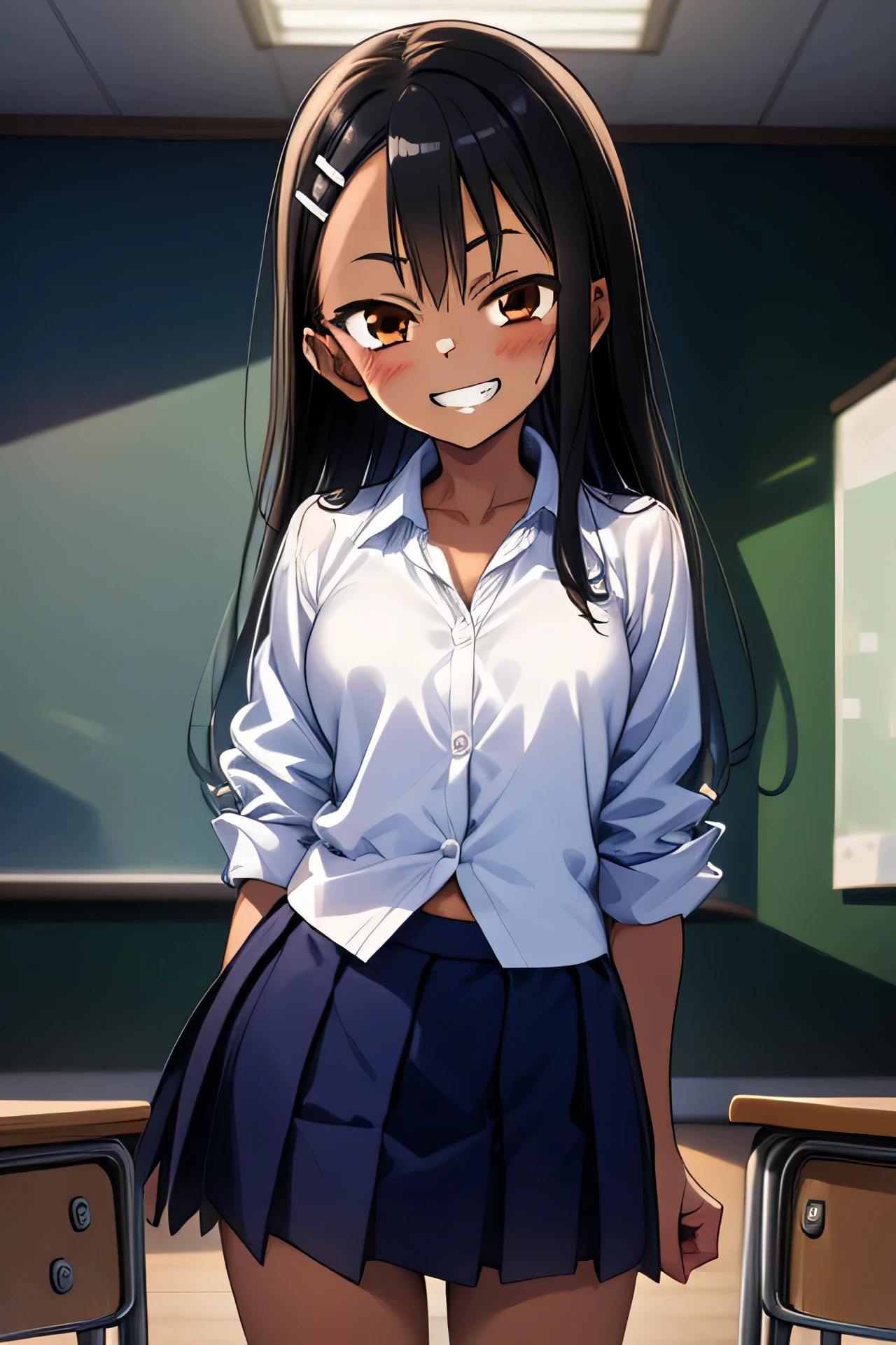 One girl, Cowboy Shot, Grin, classroom, fighting sSunburnce, Cheeks are a little red、Embarrassed expression、
nagatoro_hayase, Brown eyes, Black Hair, Long Hair, Dark Skin, Woman with dark skin, Sunburn, Sunburnlines, Hair Clip, , White shirt, Collared shirt, Pleated skirt, highest quality, masterpiece, High resolution, Leg spread,Show me your bra