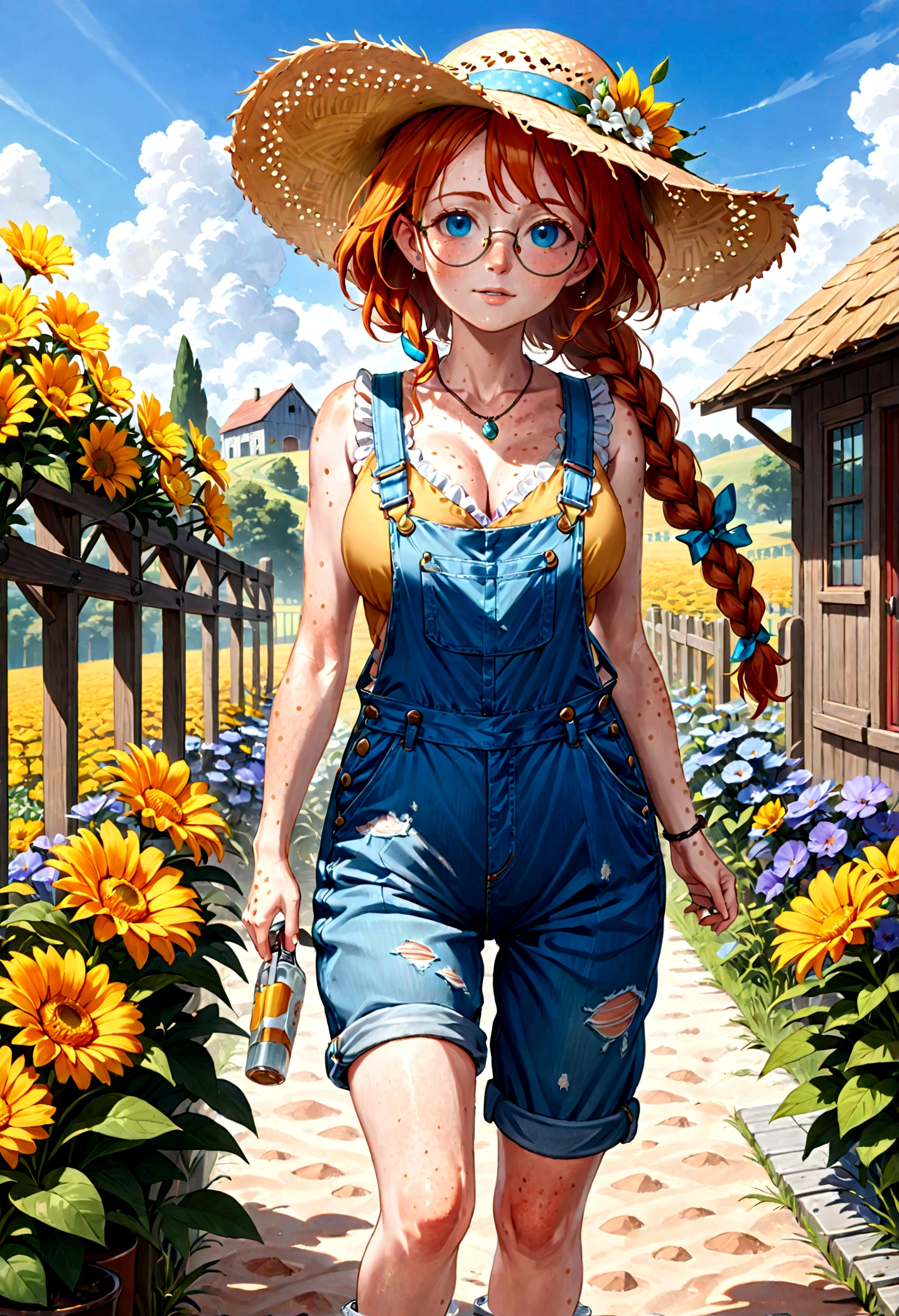 (masterpiece:1.4), (best quality), (detailed), (8k), masterpiece, full body, farm woman, female, solo, blue eyes, cleavage, straw hat, long twin braids, (orange hair), bronze round glasses, small thin silver necklace with a turquoise stone, overalls, suspenders, (yellow frilly shirt), ((freckled skin, lots of freckles on breasts)), (DD freckled breasts), ((small scars on body, acne scarred skin)) ,sitting on garden flowers,cloud,(((masterpiece,best quality))),((good structure,Good composition,good atomy)), ((original,beautiful)), detailed, dirty