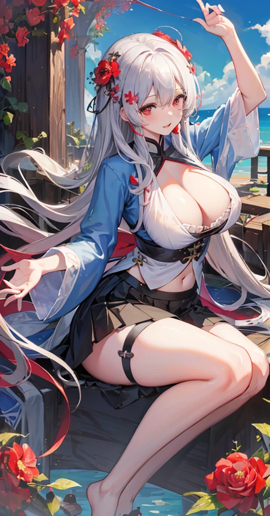 ((masterpiece)),((最好of质量)),((Official Art)),((非常詳細ofCGunity8k壁紙)),(((flower瓣))),(((Heterochromia))),(((roseflower瓣))),(((flower))),(((fallingflower瓣))),(((Umbilical cord))),(((High Leg Raise))),((score:of)),((Hair accessories)),((skirt)),((hairflower)),((Red Eyes)),(Long hair),(樱flower),(skirthold),(skirtbasket),1 Girl,absurdlyLong hair,Harbor Princess,Blue sky,Very slim figure:1.3),巨大of乳房:1.4 巨大of乳房:1.4，满of, 挺拔of乳房，Showing cleavage，Nipple protrusion，肚Umbilical cord丰满乳房, Large Breasts, 修长性感of双腿， Put your hands behind your head((Clear nipples))、Rocket , (Large Breasts),（because I&#39;薄of）,cartel,Japanese Clothing,