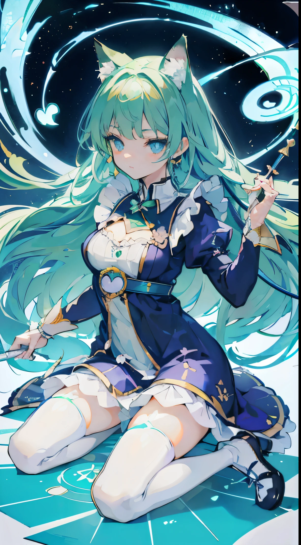 ((Tabletop, highest quality: 1.1), ((Anime girl in a blue dress holding a magic wand)), Art Nouveau、Anime Cat girl wearing a maid costume, , ((Green hairs))、Long-haired person、((Eyes that shine like jewels, Long eyelashes, Transparency))、Very Beautiful Anime Cat girl, Anime cat girl, ((White knee-high socks)), Attractive Cat Girl, I'At the candy store,Inspired by Leiko Ikemura, Takano Aya color style, in ryuuou no oshigoto art style, Cat girl, Someone you admire, rei hiroe、smile