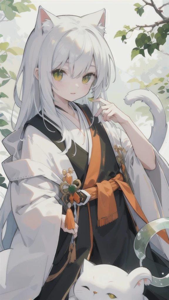 Yi,White cat,There is a round green jade stone on the chest,Wearing black and orange robes