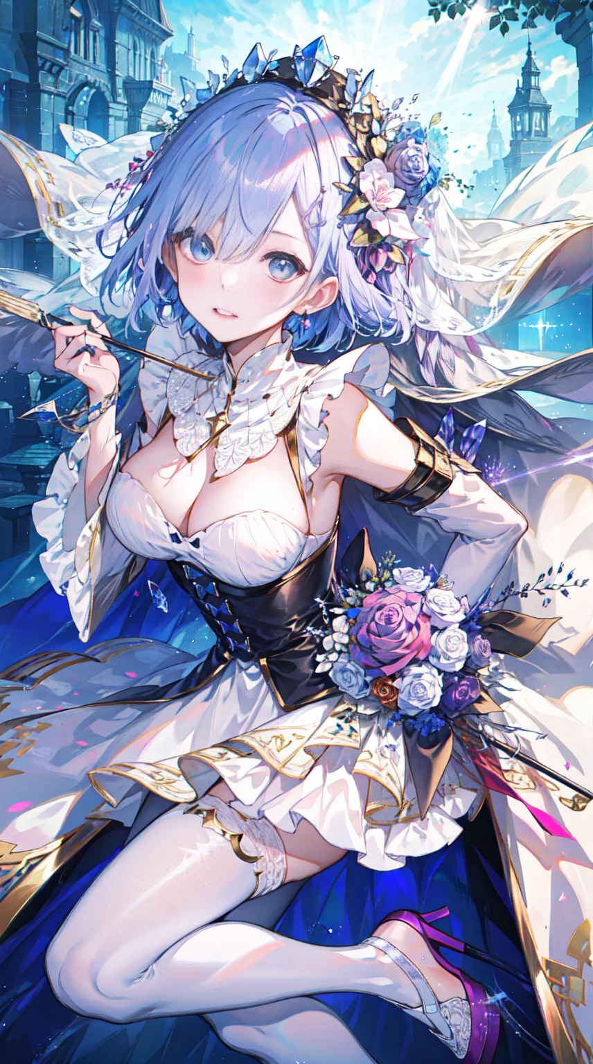 (best quality)+,(on the table)++,(Super detailed)++, Masterpiece Top Quality Super Fine Illustration High Detail Lighting Perfect Lighting, (1 bride:1.3),, First class female body, Perfect body, beautiful breasts, View from the front, from above, delicate luster, Beautiful and delicate eyes, cute face, beautiful lips, a girl surrounded by crystals, blue eyes, Beautiful light purple hair, Beautiful iridescent eyes, Beautiful long and tousled hair, Sexy brides,Sexy wedding dress, Glow effect lens flare lotion gloss shine holy light background sunlight, White,silver high heels, looking at the audience,