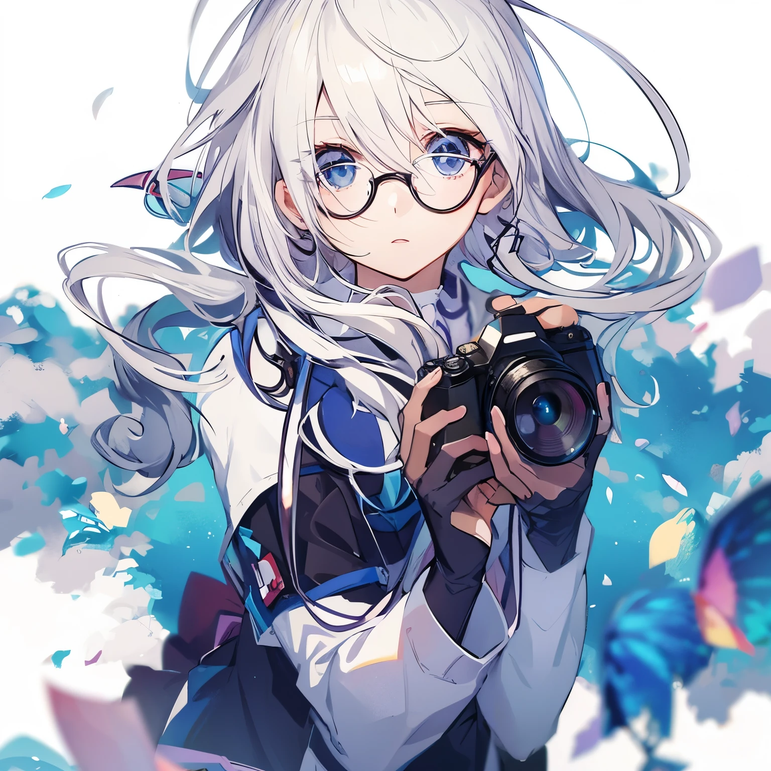 anime girl with camera and glasses holding a camera in her hands, anime style mixed with fujifilm, perfect white haired girl, a-1 pictures, anime moe artstyle, anime visual of a cute girl, beautiful anime portrait, white haired, anime style 4 k, high quality anime artstyle, with glasses, anime picture, young anime girl, (anime girl)