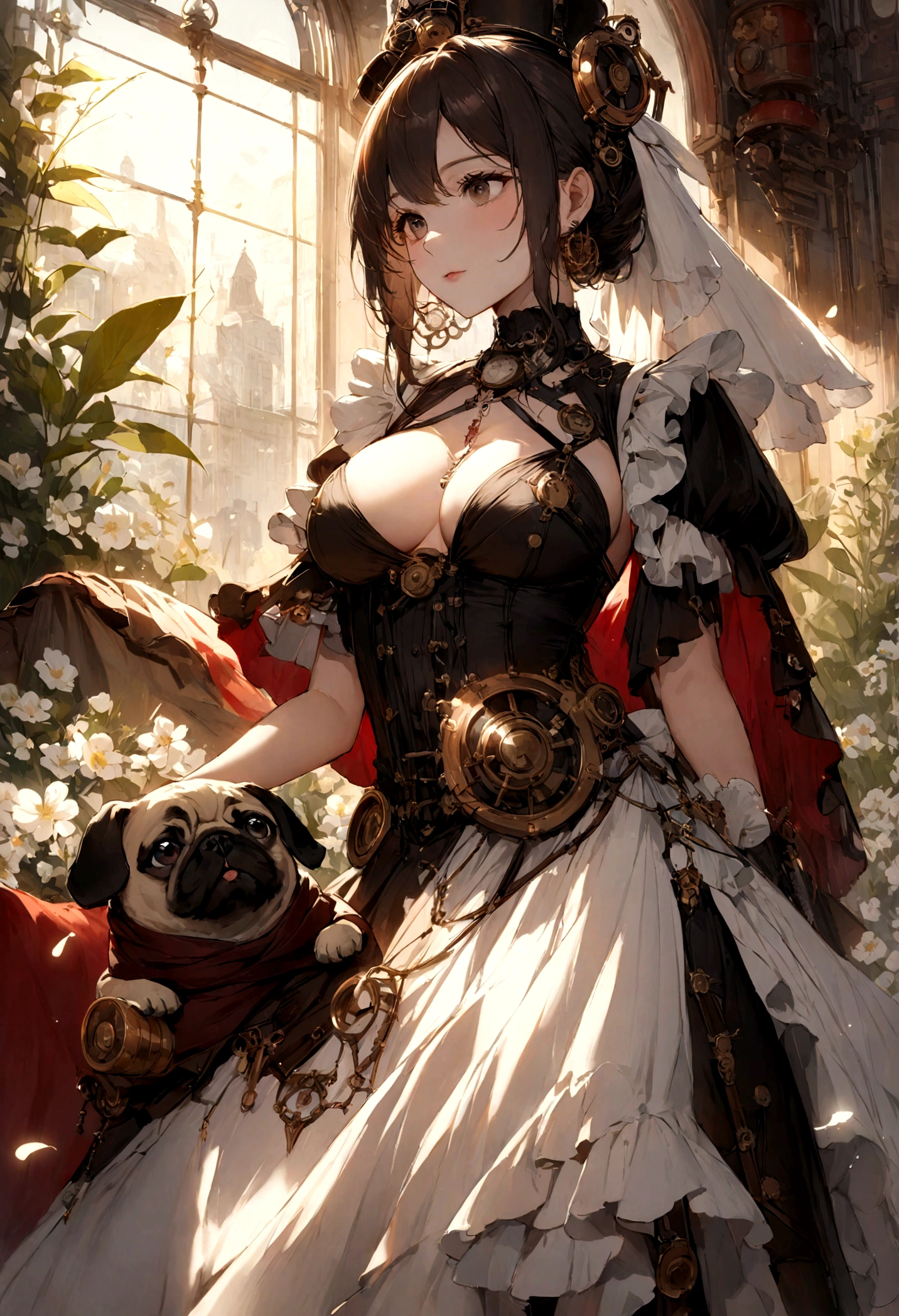 Steampunk, a lovely woman (elegant dress breasts over exposed, SFW) and her (pug themed steam powered servant) pilot a (hot air steamship) draped with flowers and hearts