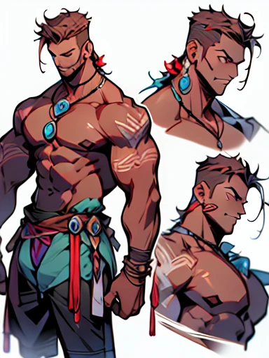 Detailed character design, many angles, depth, chàng trai trẻ, moon skin , muscular, wear swimming trunks on the beach, có hình xăm 