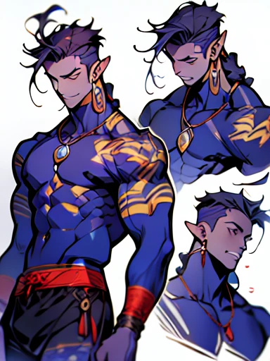 Detailed character design, many angles, depth, chàng trai trẻ, moon skin , muscular, wear swimming trunks on the beach, có hình xăm