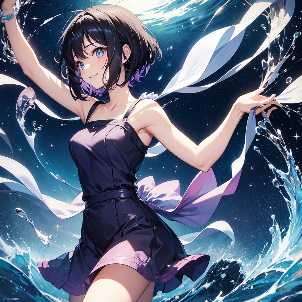 anime、Vibrant colors、beautiful girl、10 talents、Black Hair、A face that retains its youthfulness、short hair、Her hair is cut short, just short of her shoulders、Bright eyes、Sparkling eyes、A cheerful smile、Gazing into the distance、profile、dancing、Clear water flows like a waterfall、Fantastic World、night、Starry Sky